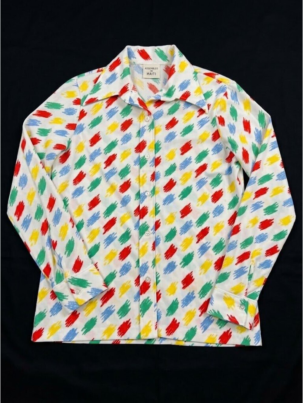 Vintage 70s Abstract Brushstroke Shirt Colorful Dagger Collar Disco XS S